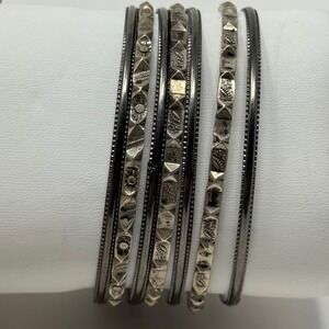 Silver Tone Mixed Metal Etched Floral Bangle Bracelet Set 7pc Bohemian Style